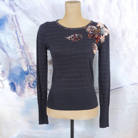 Marc By Marc Jacobs Sweaters - Marc By Marc Jacobs Black Bronze Stripe Sequin Floral Fitted Size XS Sweater